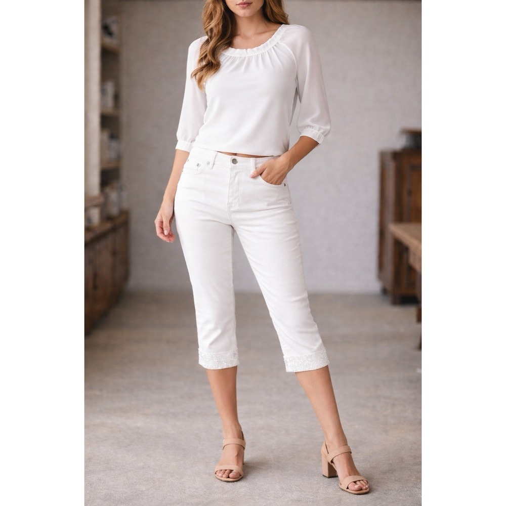 NYDJ Womens White Capri Rhinestone Bling Cuff Stretch Crop Jeans New W/Tags 14P